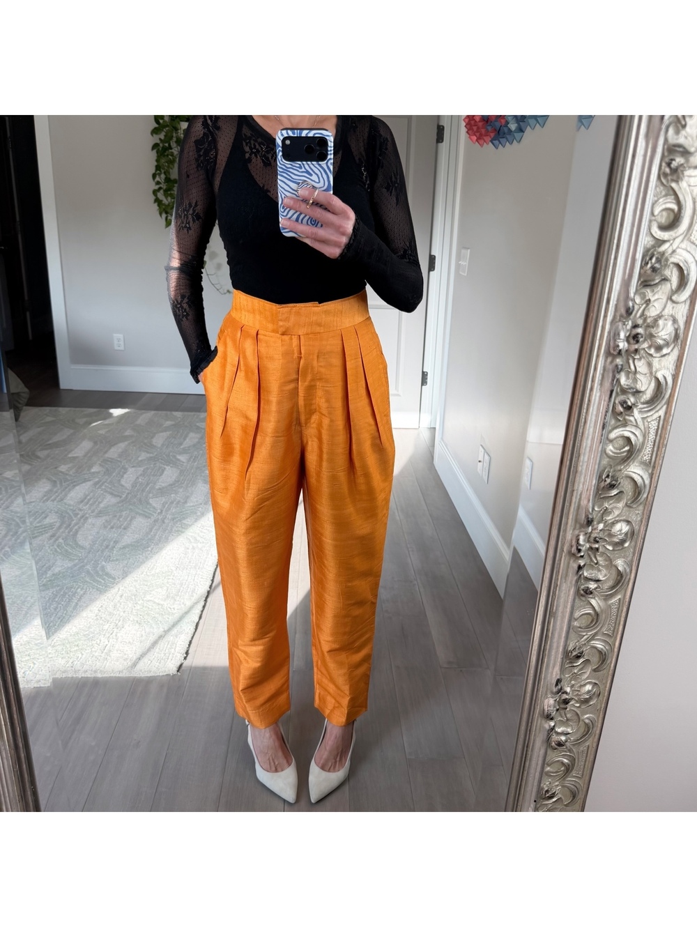 Julia Amory Orange Silk High-Waisted Pleated Pants Size S